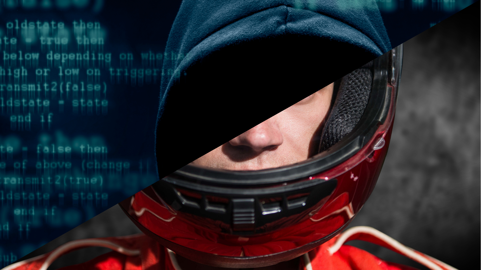 Image showcasing a human hacker and an f1 race driver