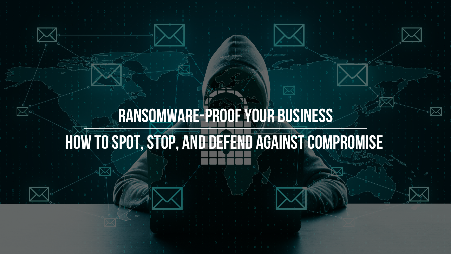 The image showcases a hacker along with the graphical representation of a ransomware attack